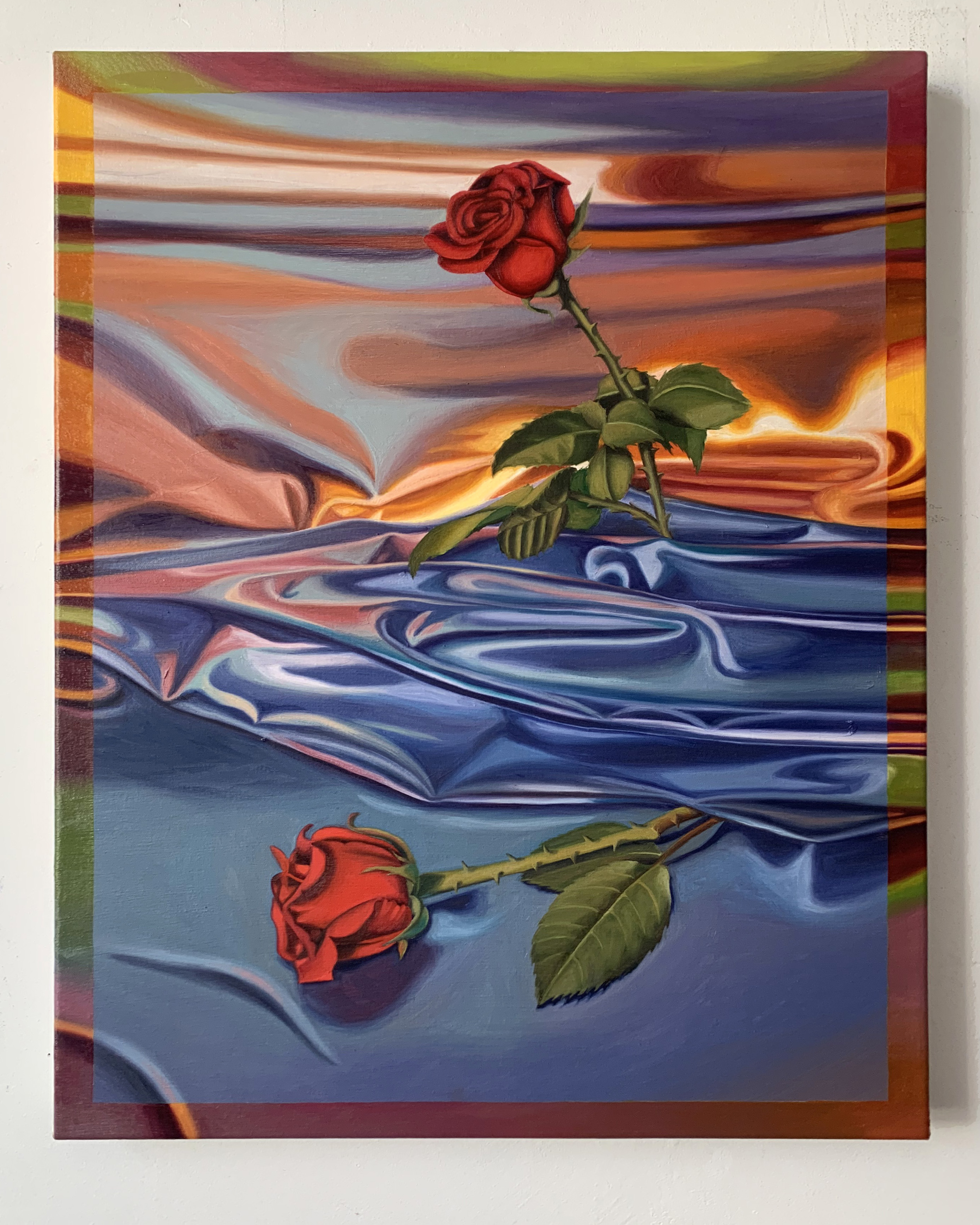 Masking the Absence of Reality in Nature, 28x22 2021 <br>oil on canvas<br><br>"It is no longer a question of a false representation of reality (ideology), but of concealing the fact that the real is no longer real…" (Baudrillard, J. (1983). The Procession of Simulacra. In <i>Simulations</i>. Semiotext(e).)